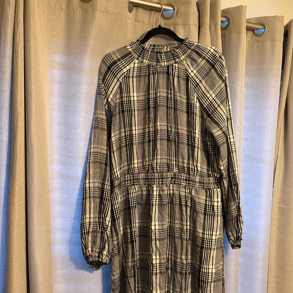 a new day Midi Dress XL Black White Plaid Smocked Mock Neck Long Sleeve Women's